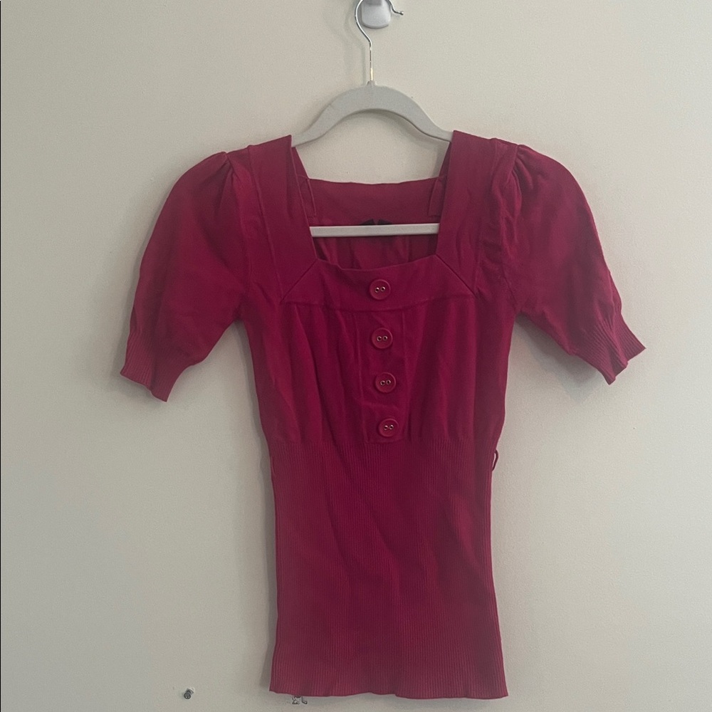Vintage XOXO Babydoll Top Y2K Button Pink Puff‎ Sleeve Knit Ribbed S Stretch